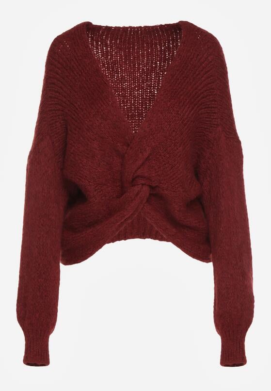 Bordowy Sweter Oversize z Domieszką Wełny z Oryginalnym Dekoltem Lawedia 6