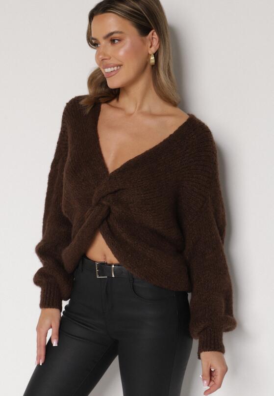 Brązowy Sweter Oversize z Domieszką Wełny z Oryginalnym Dekoltem Lawedia 2