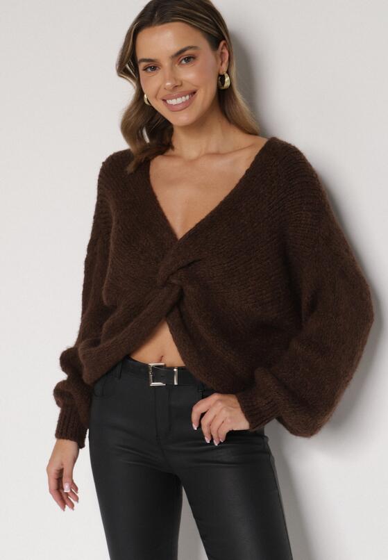 Brązowy Sweter Oversize z Domieszką Wełny z Oryginalnym Dekoltem Lawedia 4