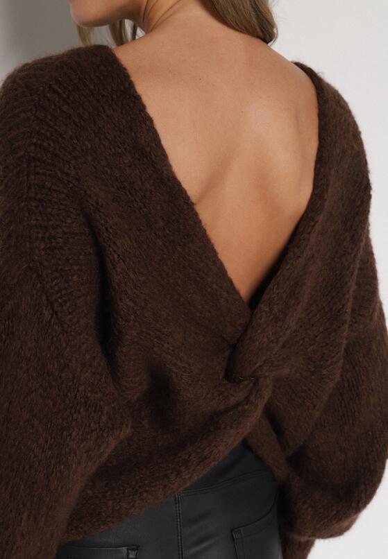 Brązowy Sweter Oversize z Domieszką Wełny z Oryginalnym Dekoltem Lawedia 5