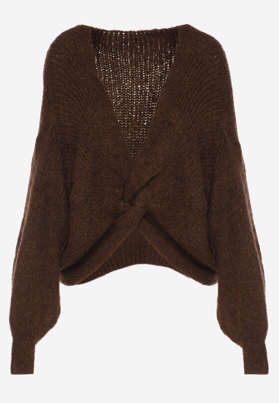 Brązowy Sweter Oversize z Domieszką Wełny z Oryginalnym Dekoltem Lawedia 6