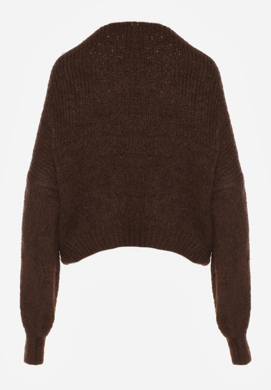 Brązowy Sweter Oversize z Domieszką Wełny z Oryginalnym Dekoltem Lawedia 7