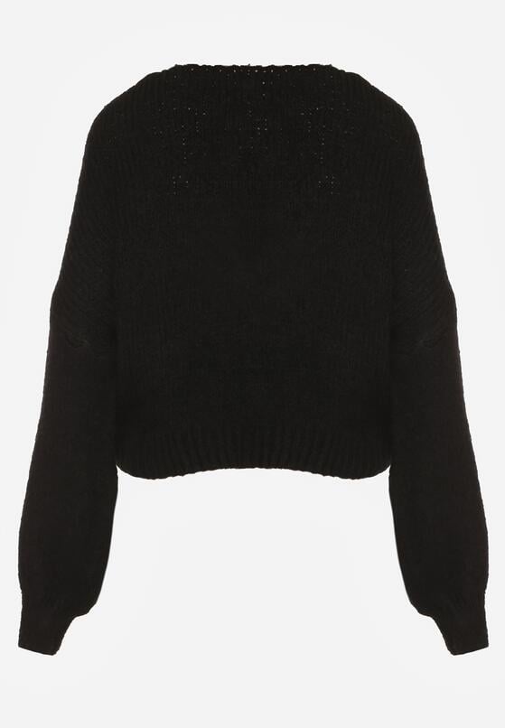 Czarny Sweter Oversize z Domieszką Wełny z Oryginalnym Dekoltem Lawedia 7