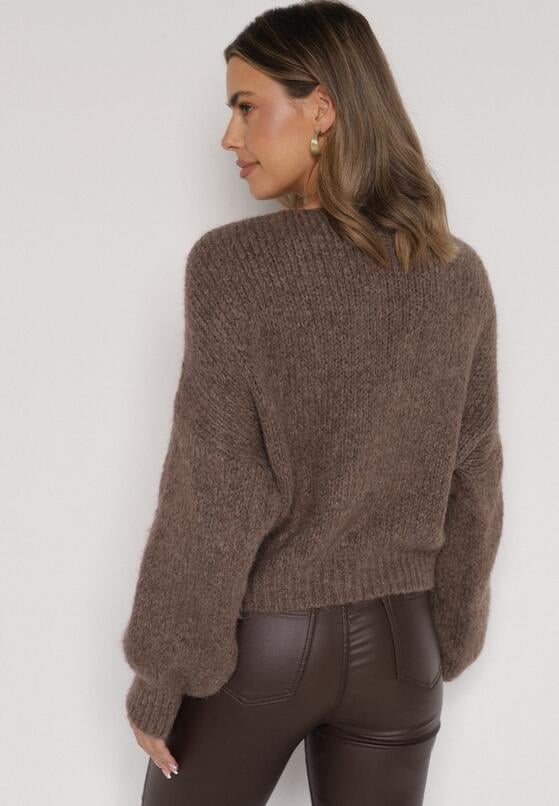 Jasnobrązowy Sweter Oversize z Domieszką Wełny z Oryginalnym Dekoltem Lawedia 3