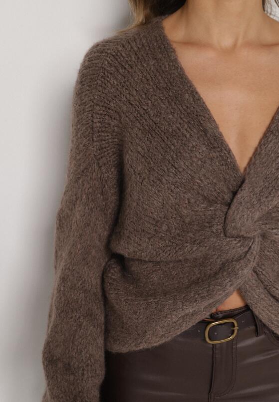 Jasnobrązowy Sweter Oversize z Domieszką Wełny z Oryginalnym Dekoltem Lawedia 5