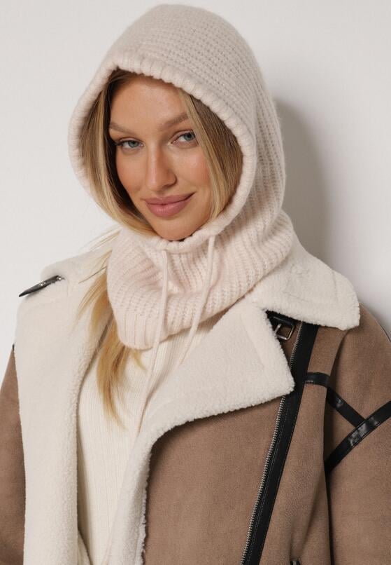 Beżowa Czapka Kominiarka z Wełną o Kroju Kaptura z Kominem Linezra 1
