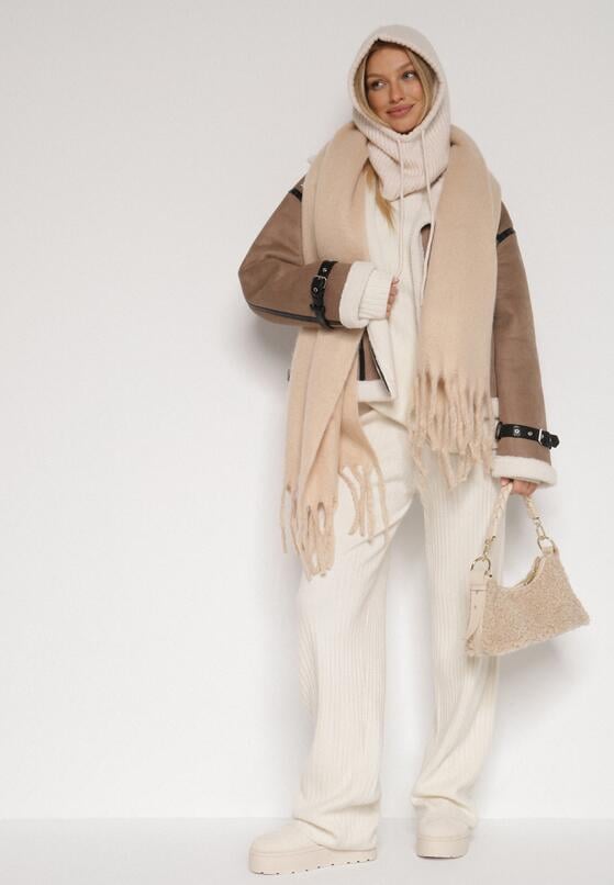 Beżowa Czapka Kominiarka z Wełną o Kroju Kaptura z Kominem Linezra 2