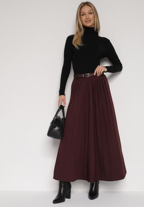Bordowa Wiskozowa Spódnica o Rozkloszowanym Kroju z Paskiem z Klamrą Lawedisa 2