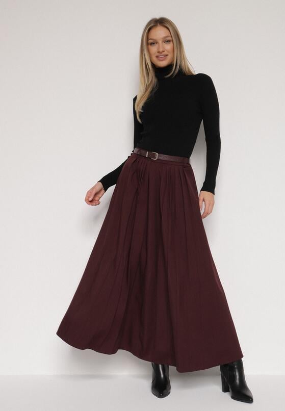 Bordowa Wiskozowa Spódnica o Rozkloszowanym Kroju z Paskiem z Klamrą Lawedisa 4