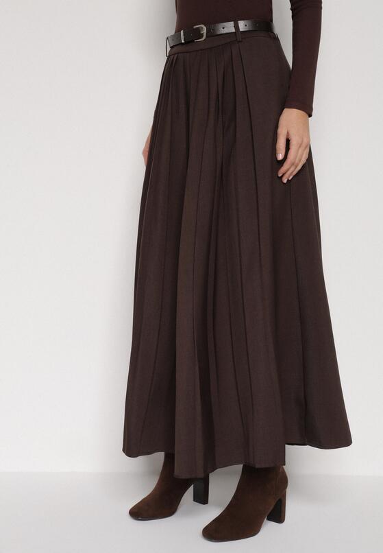 Brązowa Wiskozowa Spódnica o Rozkloszowanym Kroju z Paskiem z Klamrą Lawedisa 1