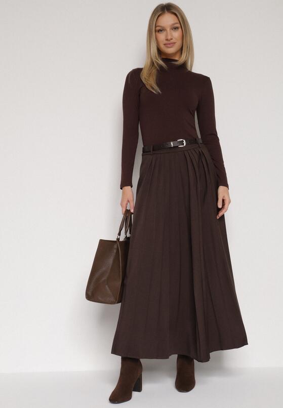 Brązowa Wiskozowa Spódnica o Rozkloszowanym Kroju z Paskiem z Klamrą Lawedisa 2