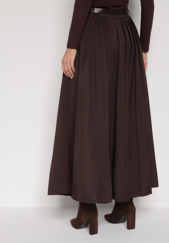 Brązowa Wiskozowa Spódnica o Rozkloszowanym Kroju z Paskiem z Klamrą Lawedisa 3