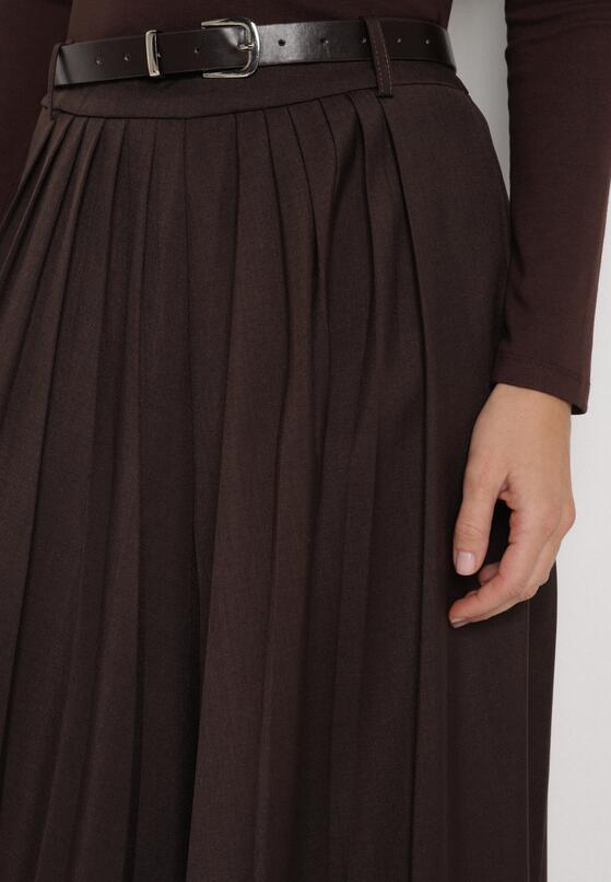 Brązowa Wiskozowa Spódnica o Rozkloszowanym Kroju z Paskiem z Klamrą Lawedisa 5