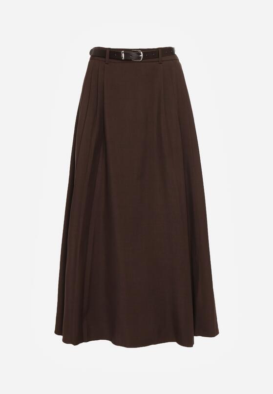 Brązowa Wiskozowa Spódnica o Rozkloszowanym Kroju z Paskiem z Klamrą Lawedisa 6