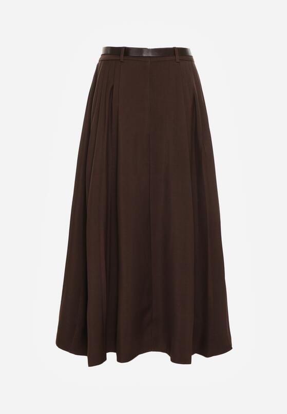Brązowa Wiskozowa Spódnica o Rozkloszowanym Kroju z Paskiem z Klamrą Lawedisa 7