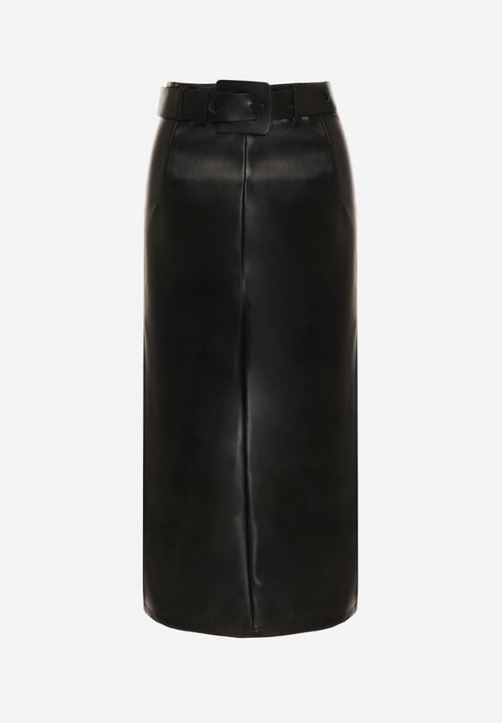 Czarna Spódnica Ołówkowa z Imitacji Skóry z Paskiem z Dużą Klamrą Rewedia 6