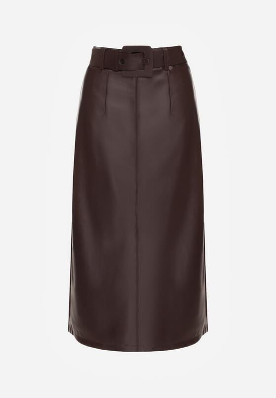 Bordowa Spódnica Ołówkowa z Imitacji Skóry z Paskiem z Dużą Klamrą Rewedia 6