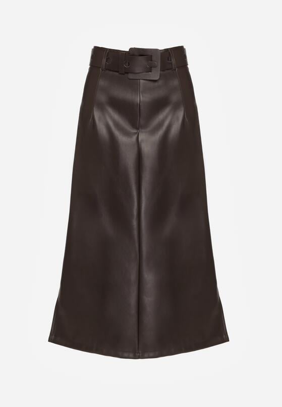 Brązowa Spódnica Ołówkowa z Imitacji Skóry z Paskiem z Dużą Klamrą Rewedia 6