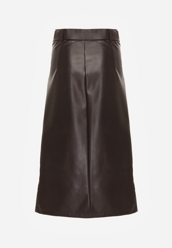 Brązowa Spódnica Ołówkowa z Imitacji Skóry z Paskiem z Dużą Klamrą Rewedia 7