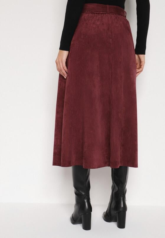 Bordowa Rozkloszowana Wiskozowa Spódnica z Bawełną Ozdobiona Paskiem Nawedea 3