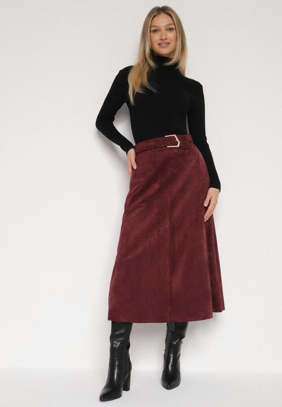 Bordowa Rozkloszowana Wiskozowa Spódnica z Bawełną Ozdobiona Paskiem Nawedea 4