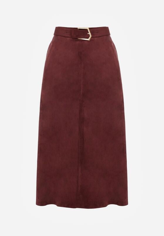 Bordowa Rozkloszowana Wiskozowa Spódnica z Bawełną Ozdobiona Paskiem Nawedea 6