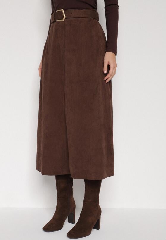 Brązowa Rozkloszowana Wiskozowa Spódnica z Bawełną Ozdobiona Paskiem Nawedea 1