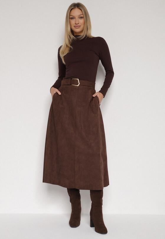 Brązowa Rozkloszowana Wiskozowa Spódnica z Bawełną Ozdobiona Paskiem Nawedea 2
