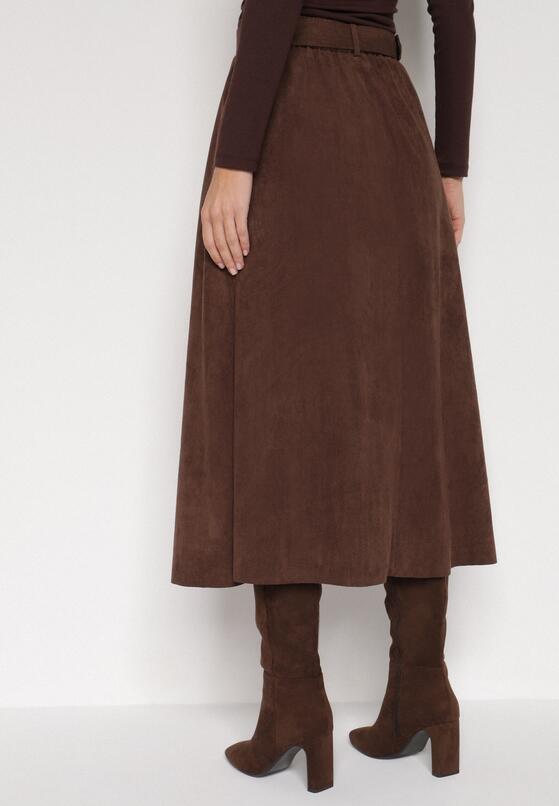 Brązowa Rozkloszowana Wiskozowa Spódnica z Bawełną Ozdobiona Paskiem Nawedea 3
