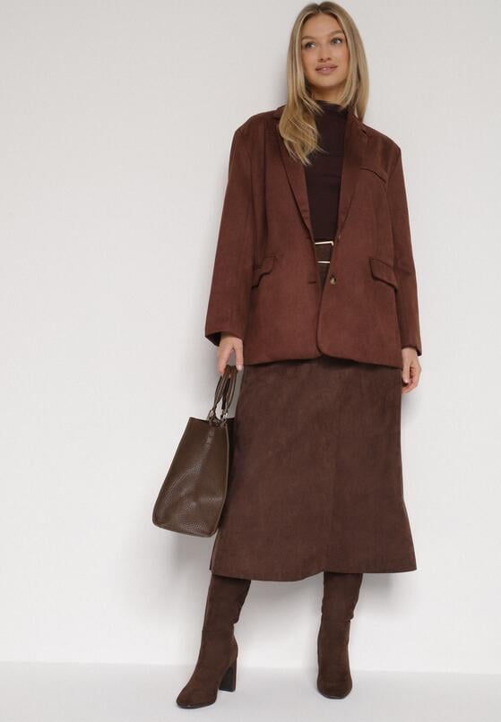 Brązowa Rozkloszowana Wiskozowa Spódnica z Bawełną Ozdobiona Paskiem Nawedea 4
