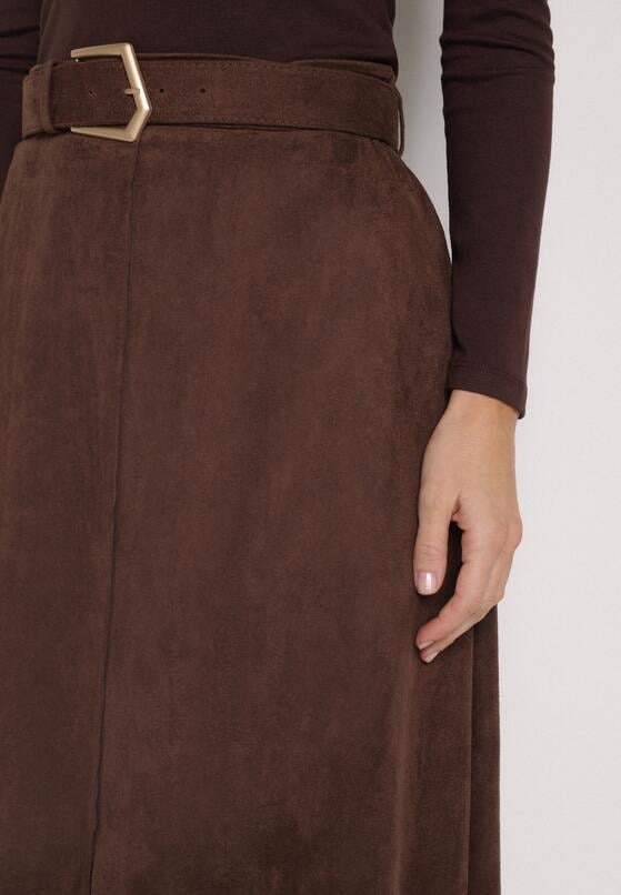 Brązowa Rozkloszowana Wiskozowa Spódnica z Bawełną Ozdobiona Paskiem Nawedea 5