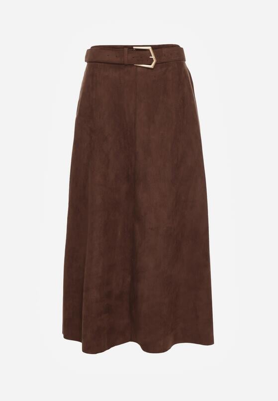 Brązowa Rozkloszowana Wiskozowa Spódnica z Bawełną Ozdobiona Paskiem Nawedea 6
