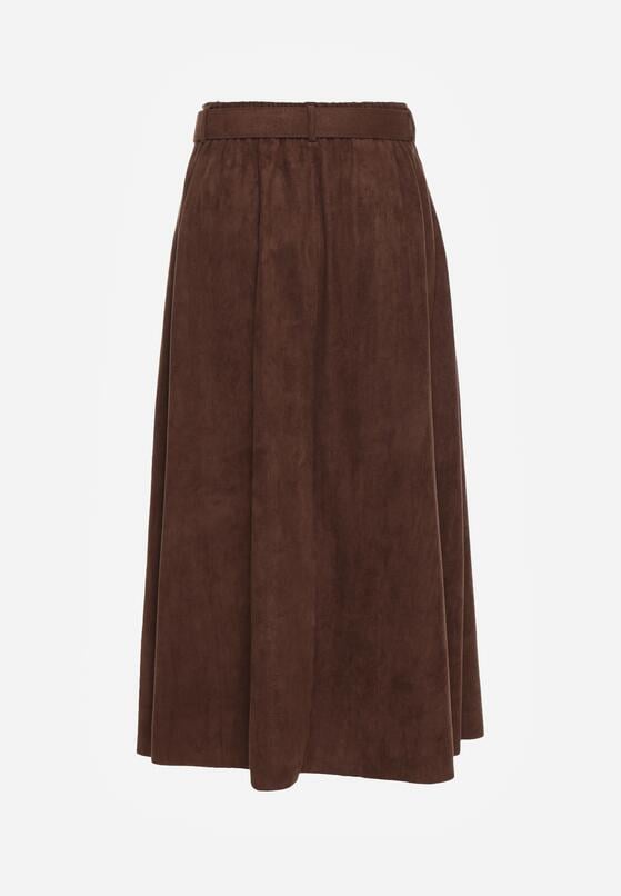 Brązowa Rozkloszowana Wiskozowa Spódnica z Bawełną Ozdobiona Paskiem Nawedea 7