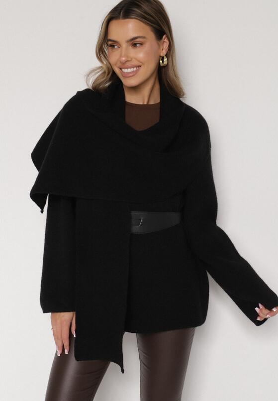Czarny Wiskozowy Kardigan z Paskiem i Narzutką Rewedisa 1