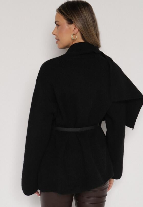 Czarny Wiskozowy Kardigan z Paskiem i Narzutką Rewedisa 3