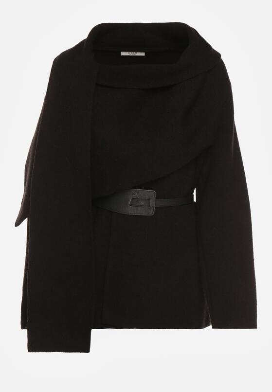 Czarny Wiskozowy Kardigan z Paskiem i Narzutką Rewedisa 6