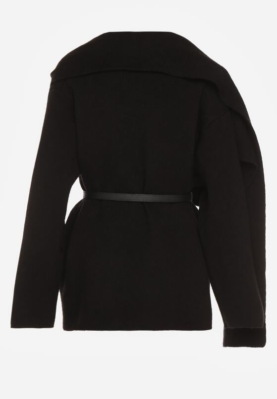 Czarny Wiskozowy Kardigan z Paskiem i Narzutką Rewedisa 7