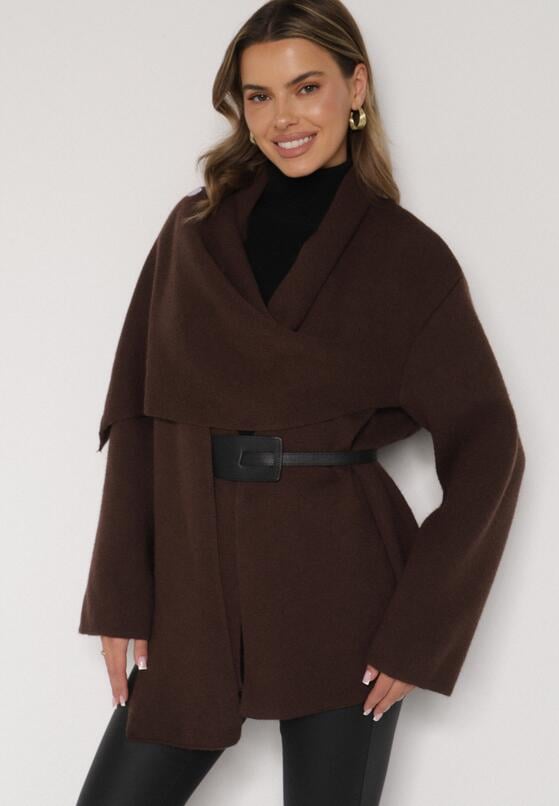 Brązowy Wiskozowy Kardigan z Paskiem i Narzutką Rewedisa 1