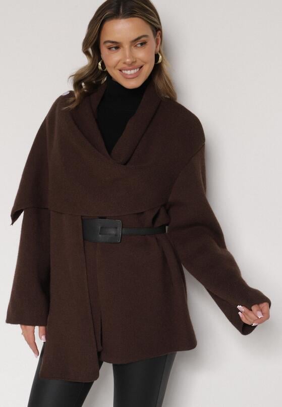 Brązowy Wiskozowy Kardigan z Paskiem i Narzutką Rewedisa 2