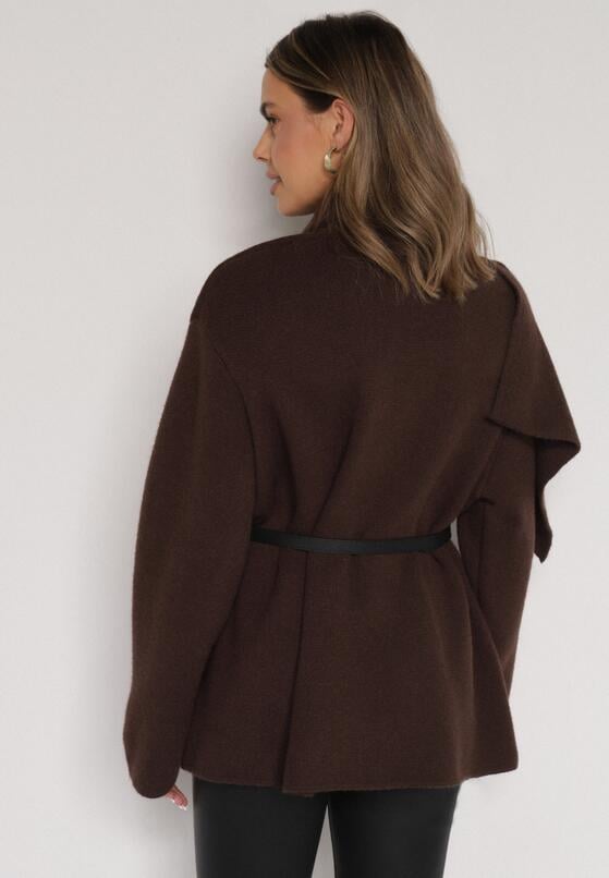Brązowy Wiskozowy Kardigan z Paskiem i Narzutką Rewedisa 3