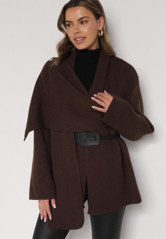 Brązowy Wiskozowy Kardigan z Paskiem i Narzutką Rewedisa 4