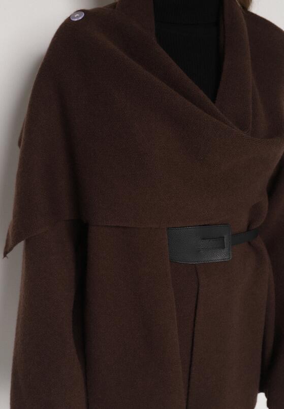 Brązowy Wiskozowy Kardigan z Paskiem i Narzutką Rewedisa 5