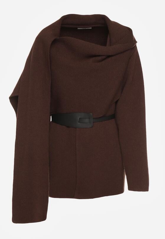 Brązowy Wiskozowy Kardigan z Paskiem i Narzutką Rewedisa 6