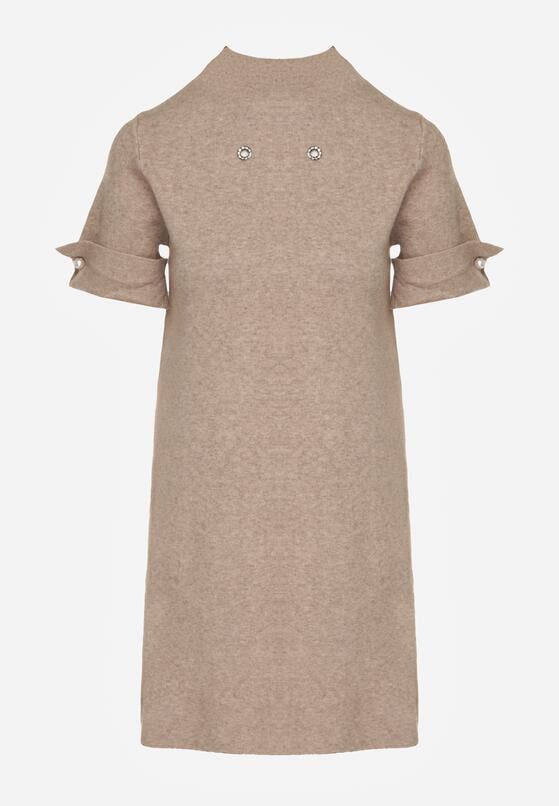 Beżowa Sweterkowa Sukienka Trapezowa Ozdobiona Aplikacjami i Perełkami Iletusa 6