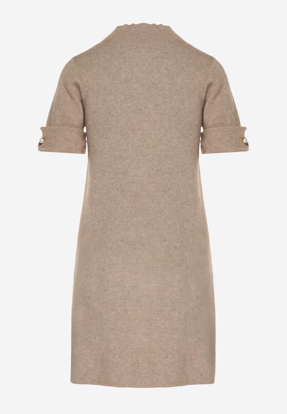 Beżowa Sweterkowa Sukienka Trapezowa Ozdobiona Aplikacjami i Perełkami Iletusa 7