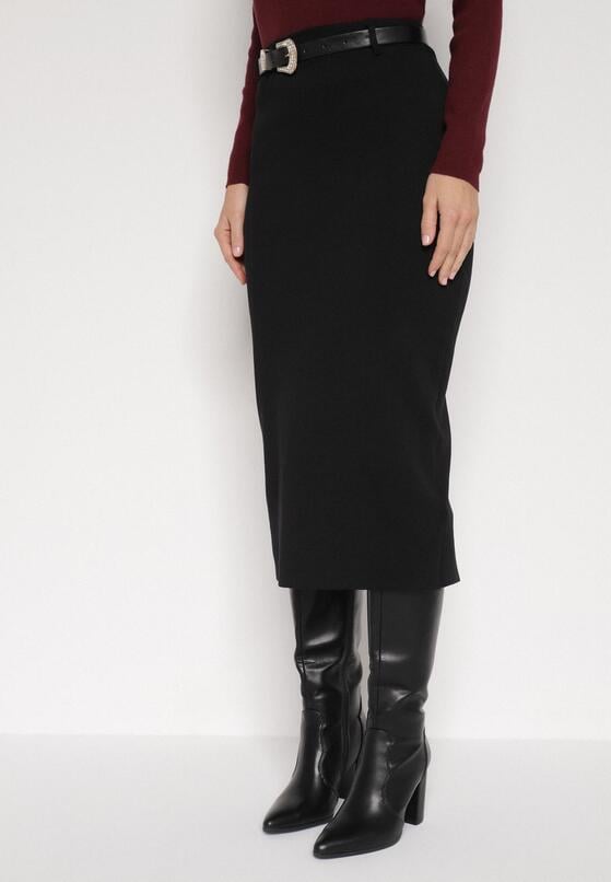 Czarna Ołówkowa Spódnica z Wiskozą Zdobiona Rozcięciem i Paskiem Rowedela 1