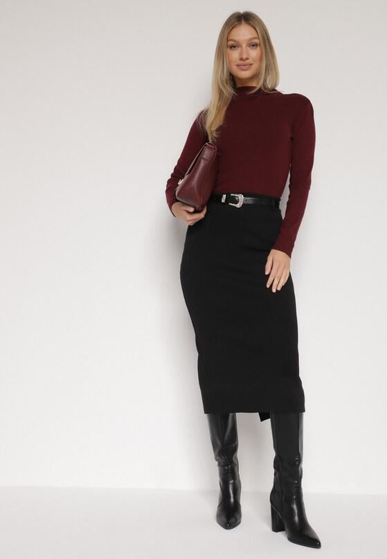 Czarna Ołówkowa Spódnica z Wiskozą Zdobiona Rozcięciem i Paskiem Rowedela 2