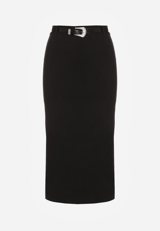 Czarna Ołówkowa Spódnica z Wiskozą Zdobiona Rozcięciem i Paskiem Rowedela 6