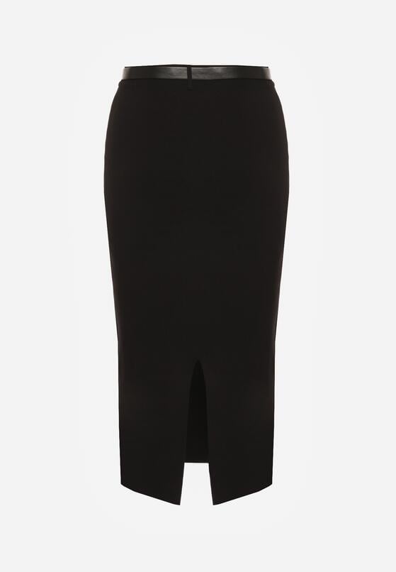 Czarna Ołówkowa Spódnica z Wiskozą Zdobiona Rozcięciem i Paskiem Rowedela 7
