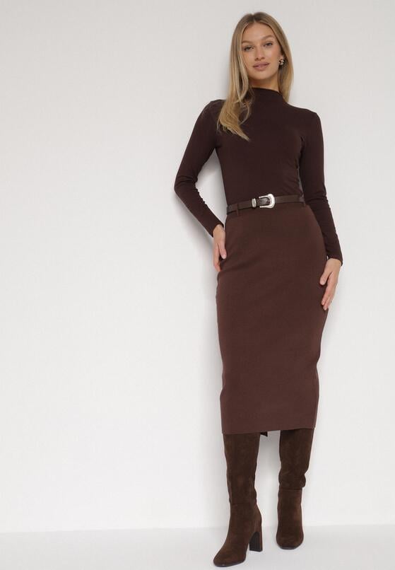 Brązowa Ołówkowa Spódnica z Wiskozą Zdobiona Rozcięciem i Paskiem Rowedela 4